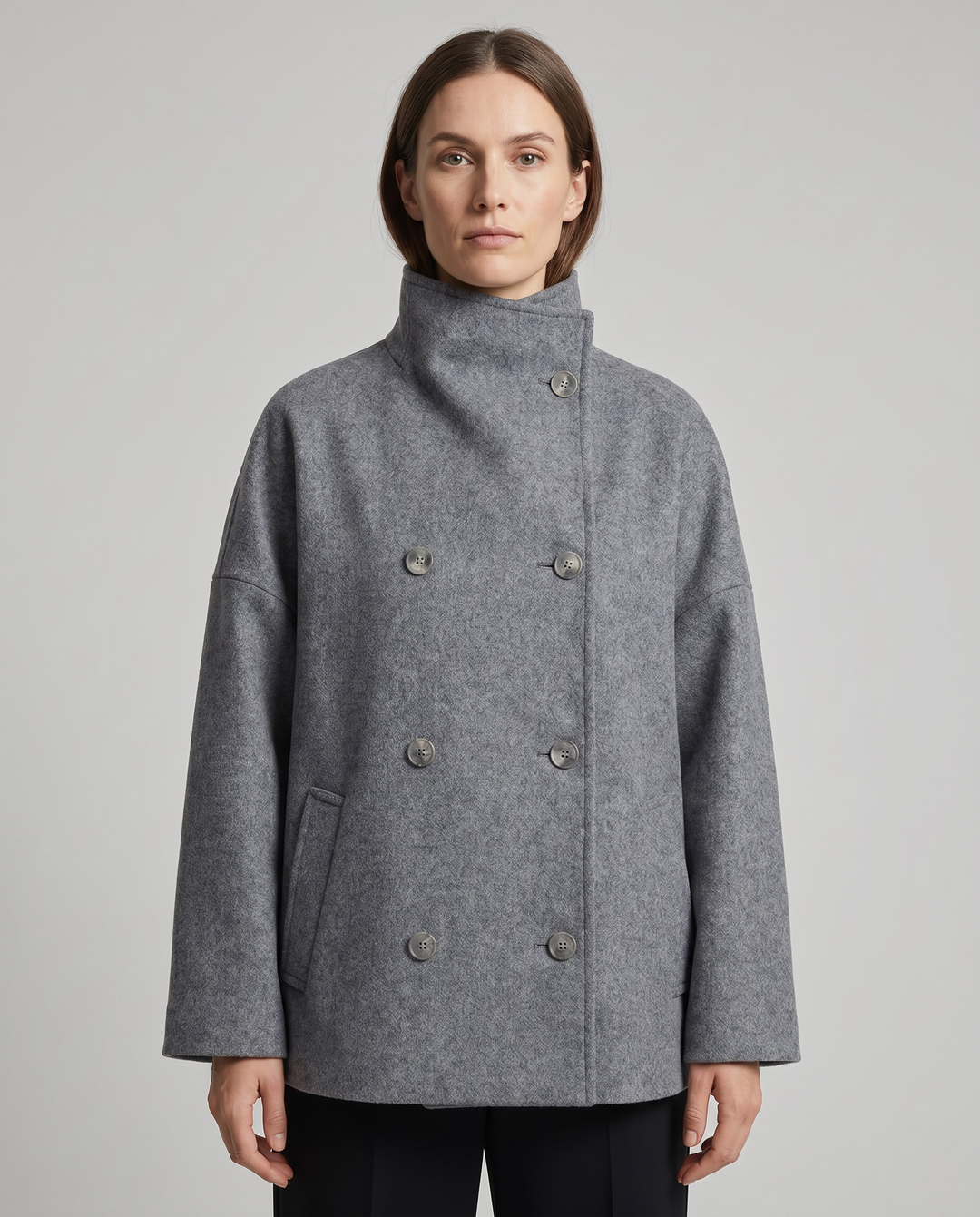 Elegant women's stand collar pea coat, a classic winter jacket for versatile fashion.