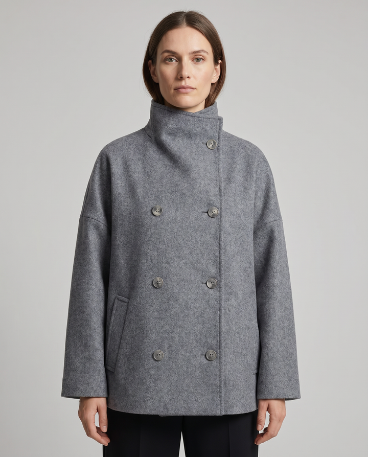 Elegant women's stand collar pea coat, a classic winter jacket for versatile fashion.
