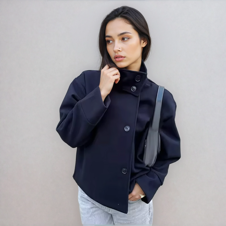 Classic women's stand collar pea coat, versatile winter outerwear for elegant layering.