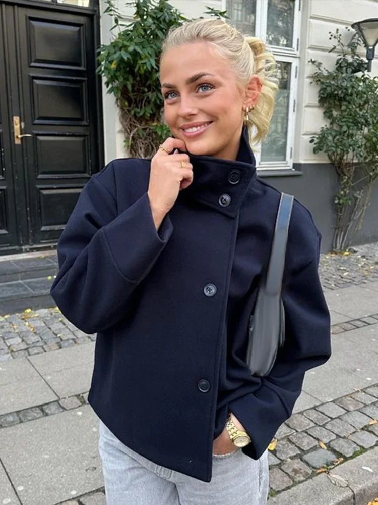 Timeless women's pea coat with a sleek stand collar, perfect for a sophisticated style.