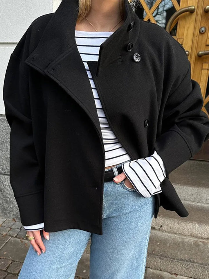 Chic women's winter jacket: stand collar pea coat, an essential elegant outerwear.