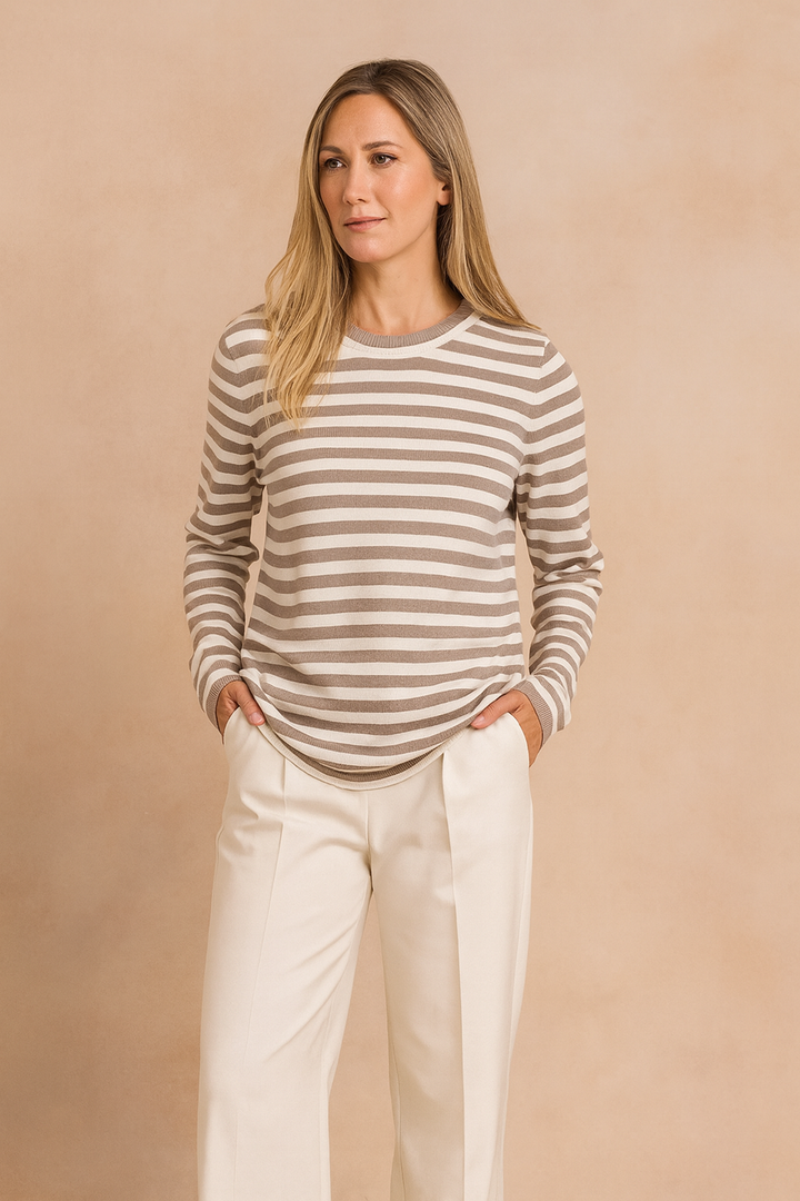 Women's classic striped knit sweater, a comfortable long sleeve crew neck perfect for fall & winter fashion.