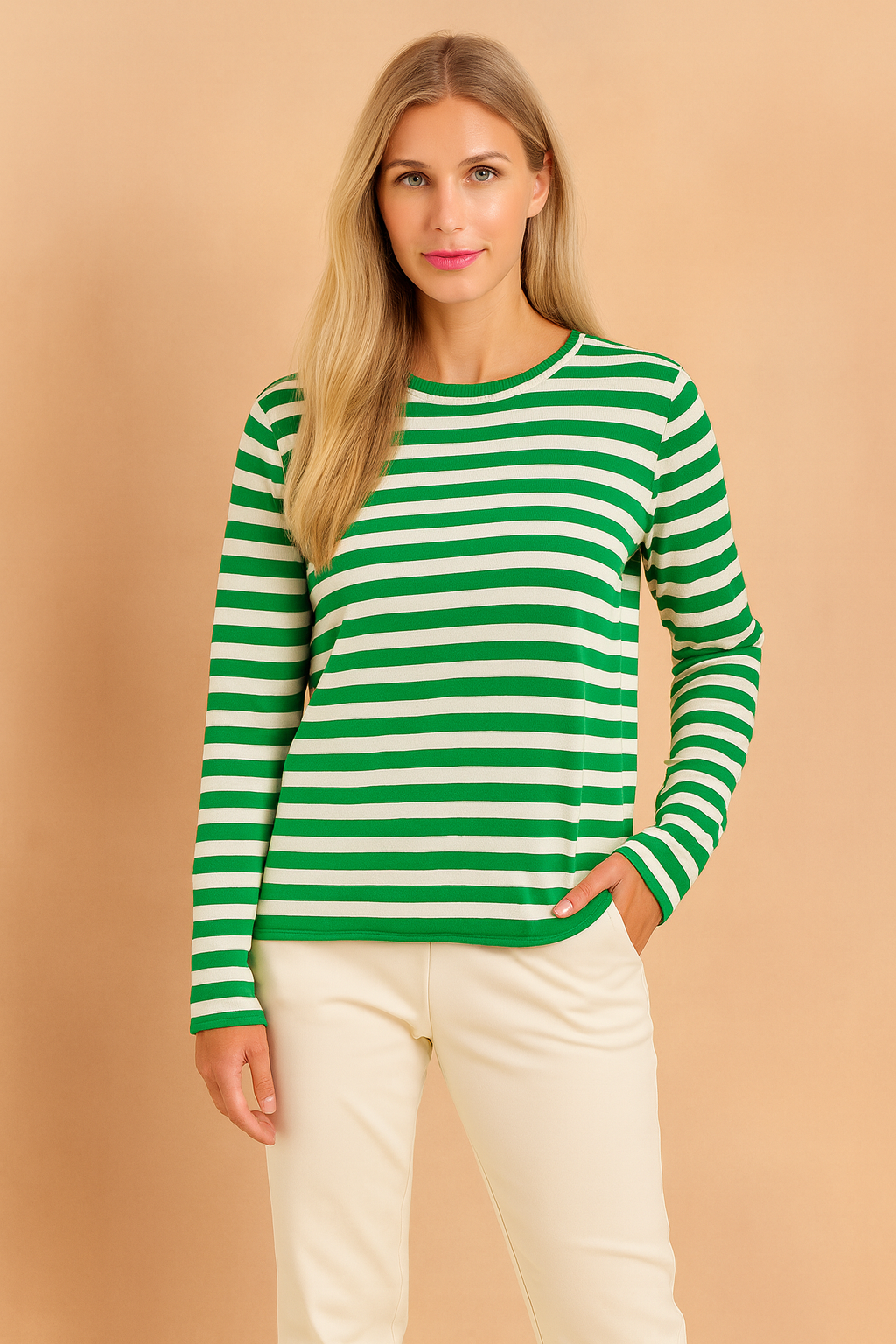 Timeless women's striped knit sweater, featuring classic long sleeves & a crew neck for elegant fall fashion.