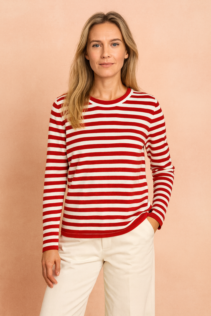Warm women's striped knit sweater for winter fashion. Classic crew neck, long sleeve, comfortable fall outfit.