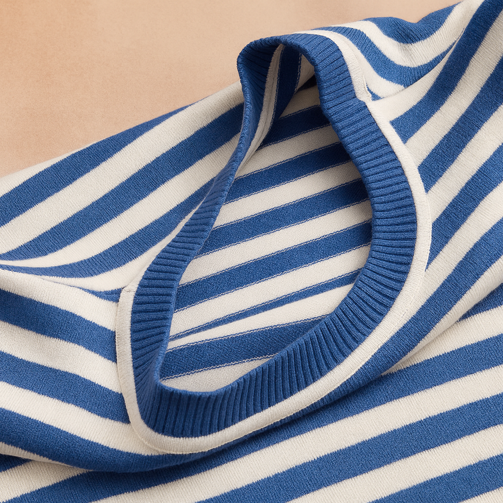 Elegant women's striped knit sweater, classic style with long sleeves & crew neck for comfortable everyday wear.