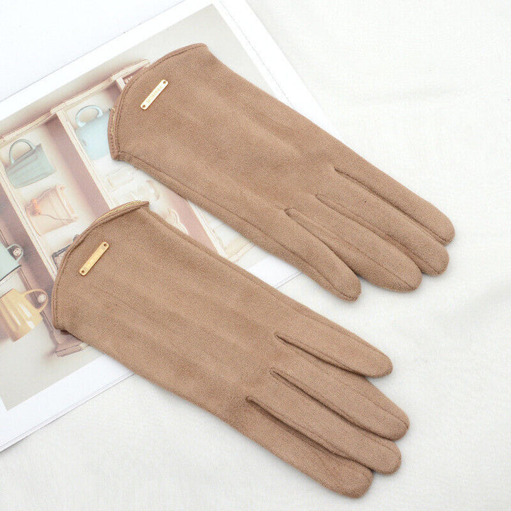 Women's classic suede winter gloves with touchscreen capability, perfect for cold weather.