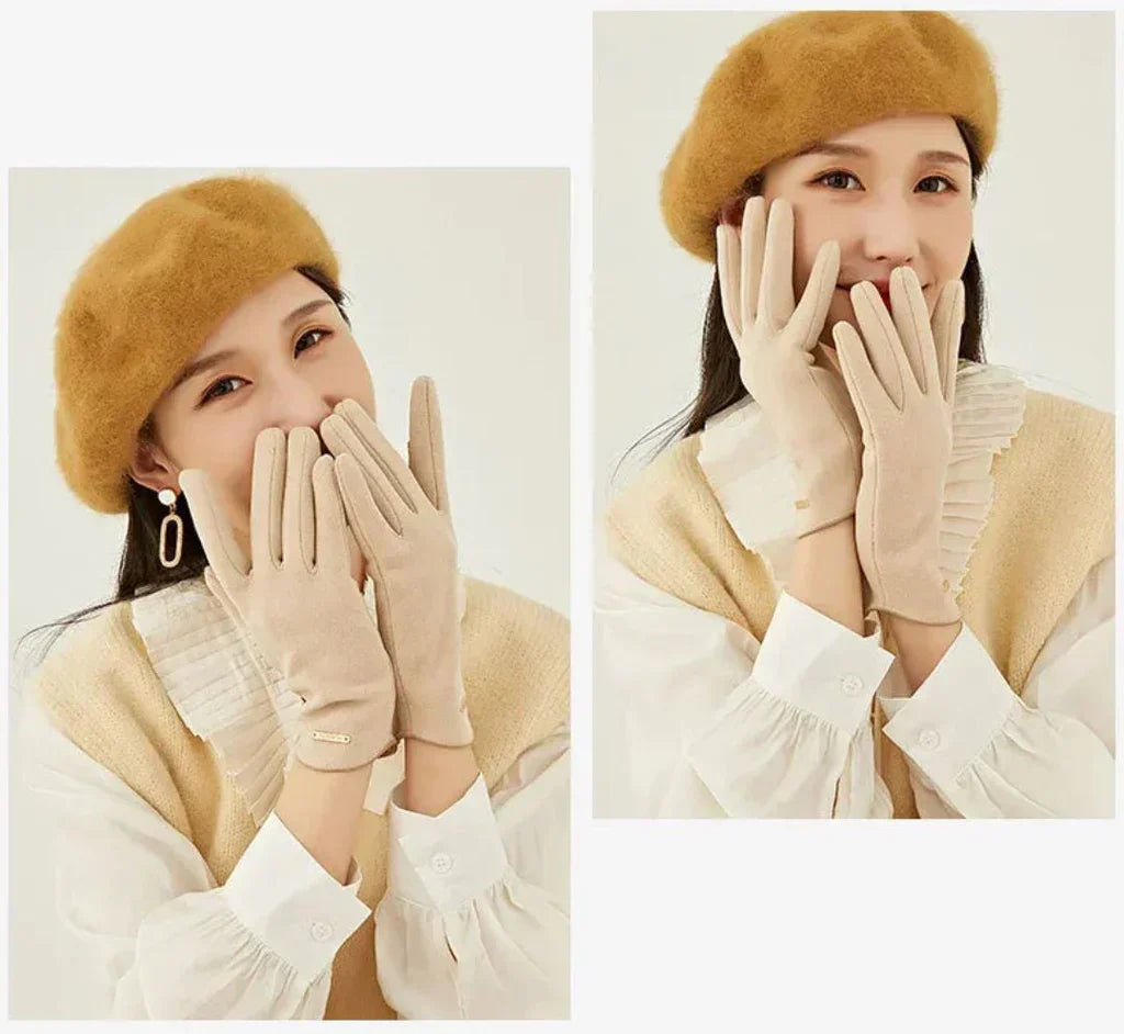 Luxurious women's suede winter gloves, perfect for elegance and touchscreen interaction.