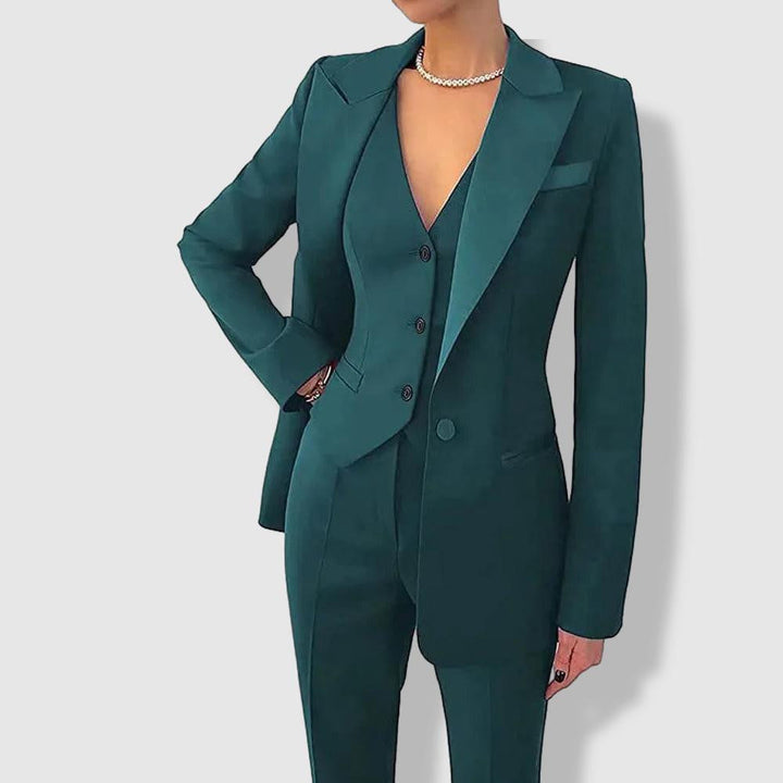Full-length view of a women's professional tailored suit. Perfect formal business attire for elegant workwear.