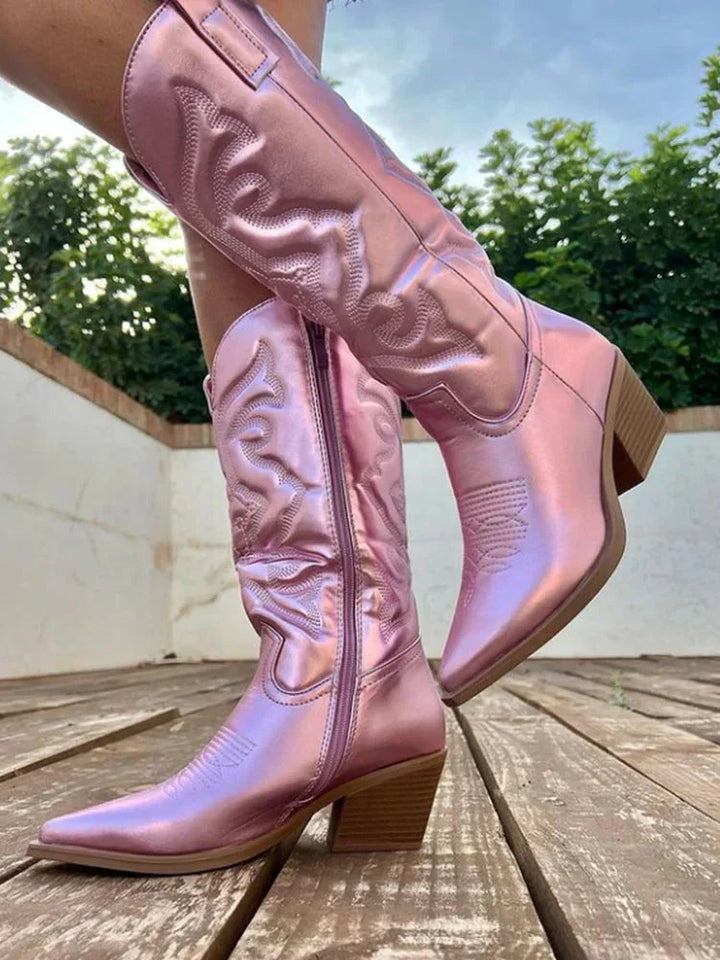 Women's classic western cowboy boots, mid-calf, pointed toe, perfect for country chic style.