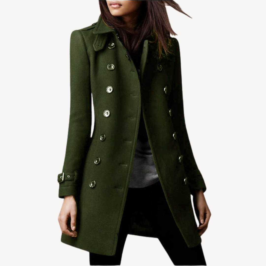 Women's classic wool peacoat, double-breasted, elegant mid-length winter coat for fall fashion.
