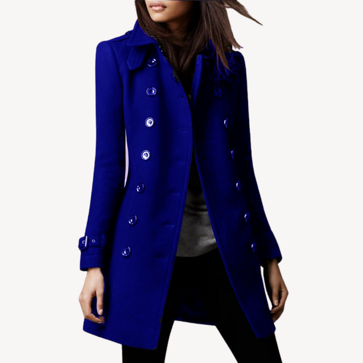 Warm & sophisticated women's wool peacoat. Double-breasted mid-length classic winter jacket for ladies.