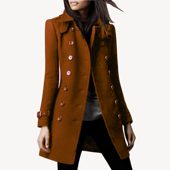Elegant women's classic wool peacoat. Stylish double-breasted mid-length outerwear, perfect for fall.