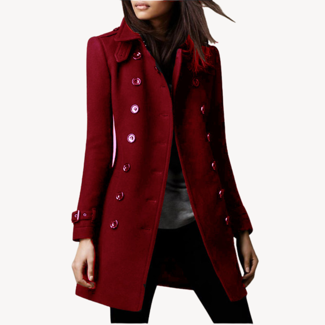 Women's warm wool peacoat, double-breasted mid-length classic style. Perfect elegant winter coat.