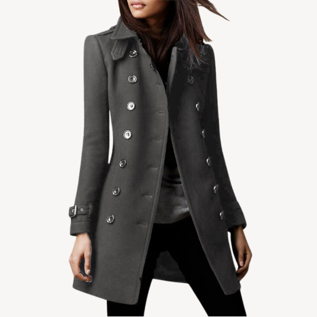 Classic women's double-breasted wool peacoat. Elegant mid-length tailored winter coat for ladies.