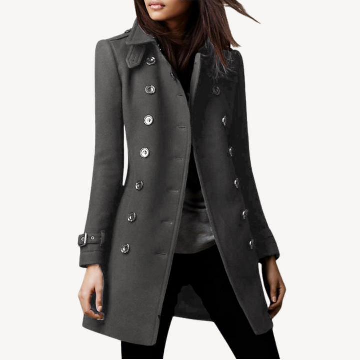 Classic women's double-breasted wool peacoat. Elegant mid-length tailored winter coat for ladies.