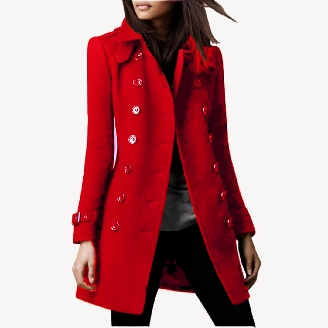 Women's classic wool peacoat. Double-breasted elegant mid-length winter jacket. Warm ladies outerwear.
