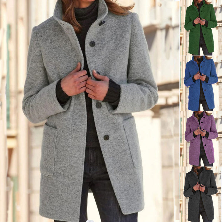 Women's classic wool trench coat with retro button closure. Elegant fall outerwear for ladies.