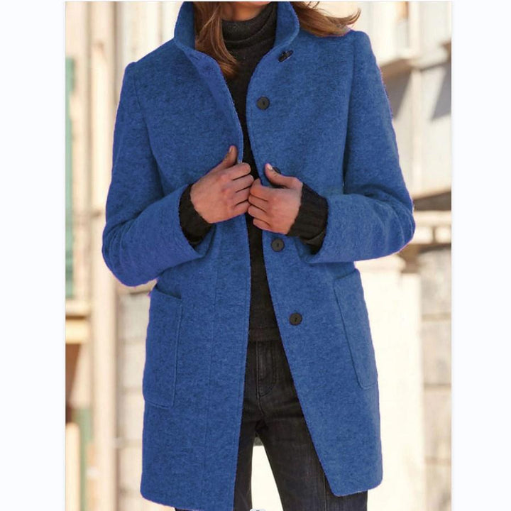 Amanda women's classic retro button wool trench coat. Elegant long outerwear, perfect for fall and winter.