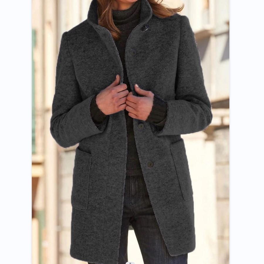 Ladies' classic wool trench coat with retro button detail. Elegant long outerwear, essential for fall fashion.