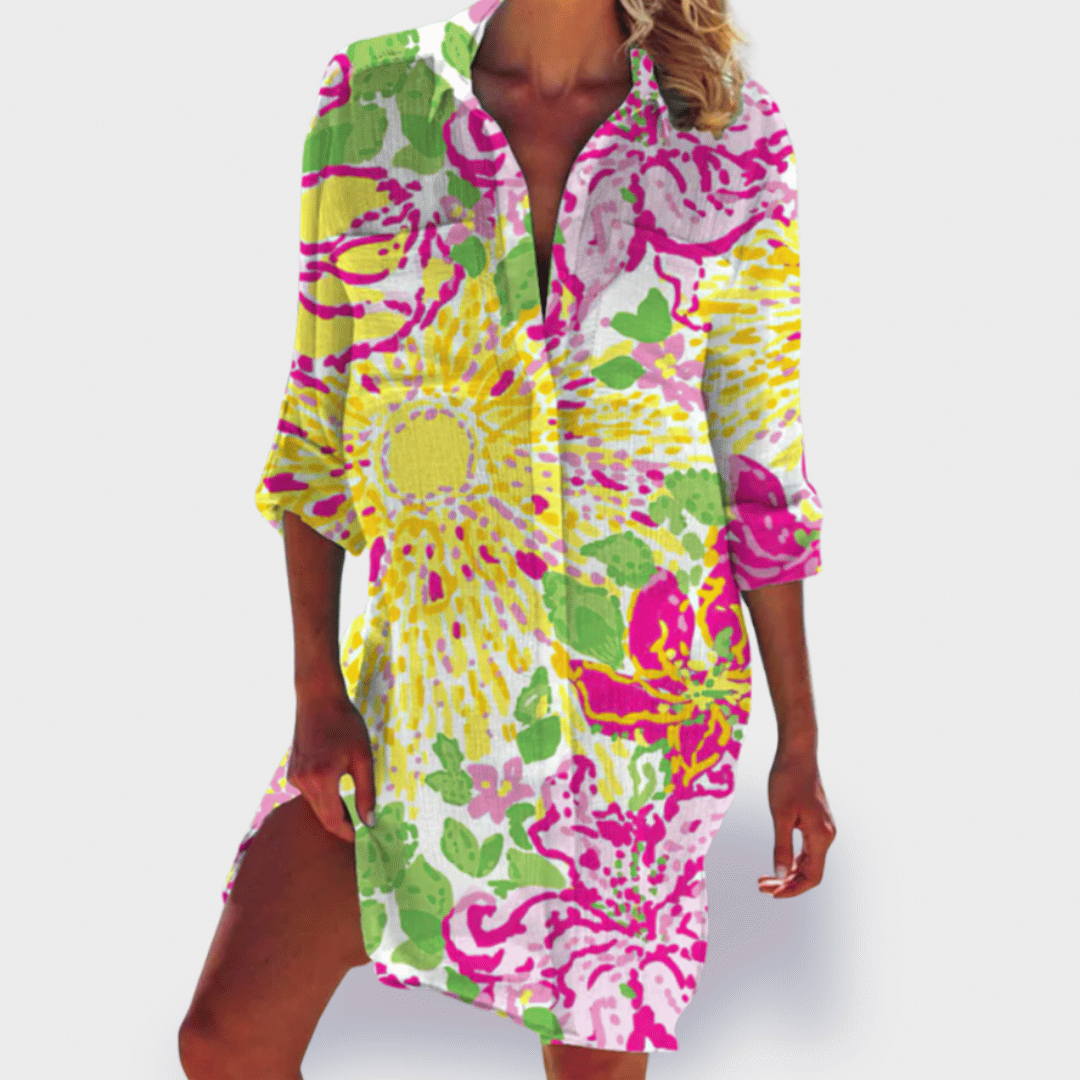Comfortable and lightweight women's colorful summer dress, a flowy midi perfect for sunny days.