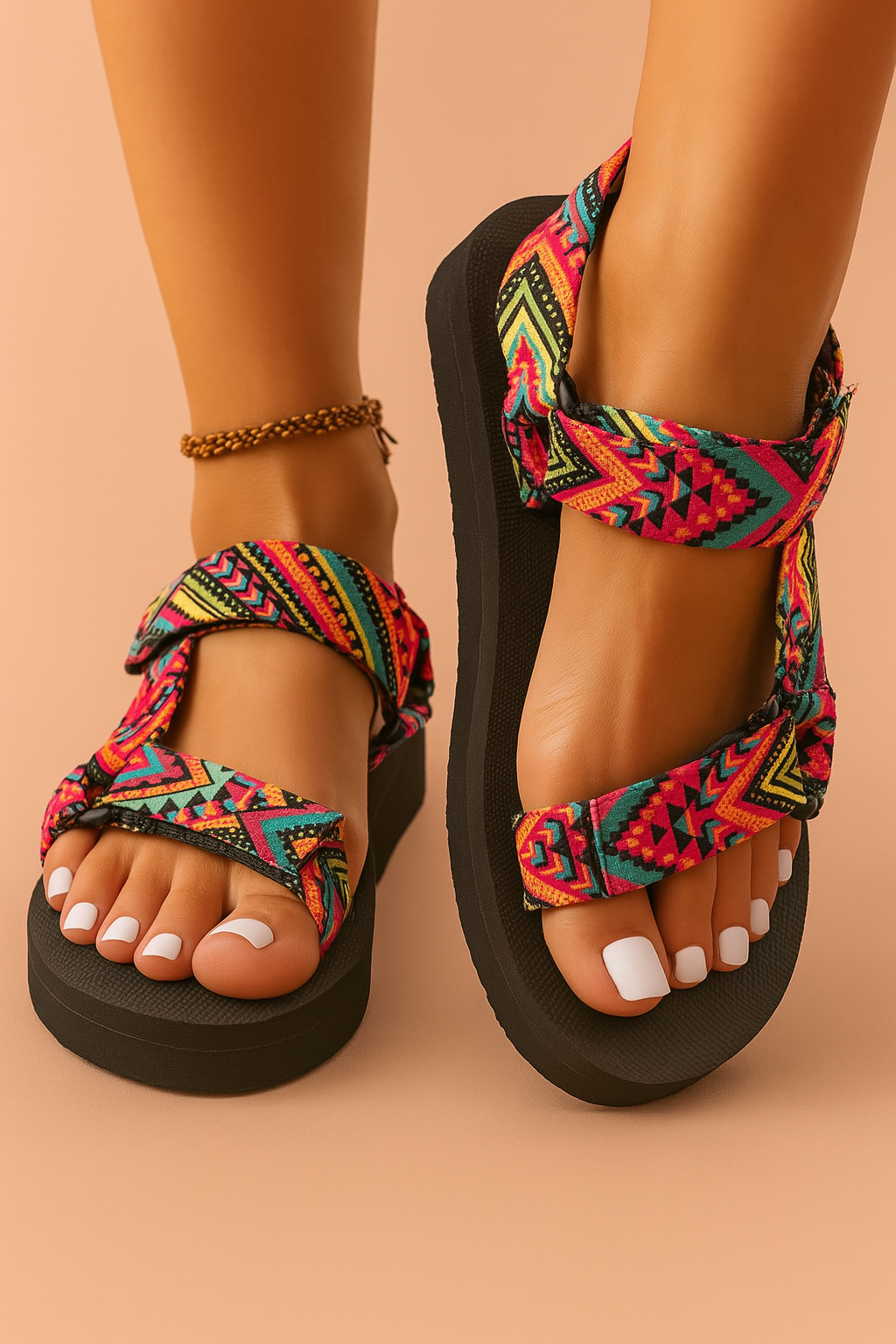 Women's colorful strap ethnic summer sandals with intricate patterns, perfect for vacation footwear.