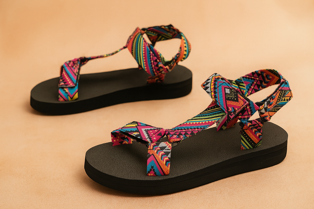 Boho chic women's flat sandals featuring vibrant ethnic straps and open toe design for comfortable summer wear.