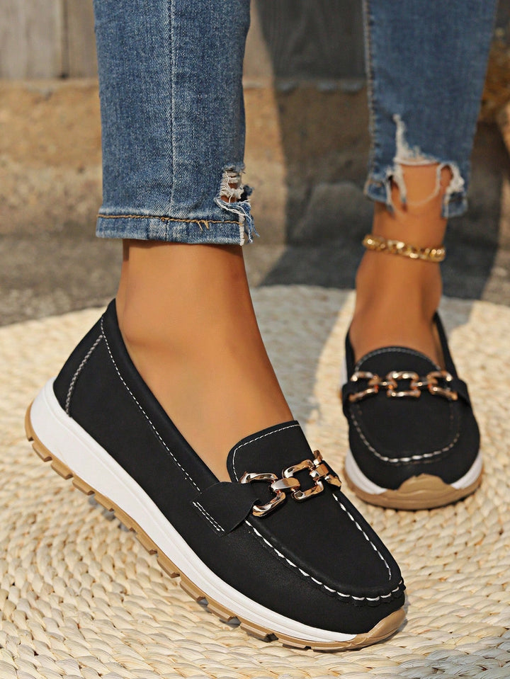 Stylish blue women's flat loafers featuring buckle detail and slip-resistant outsole