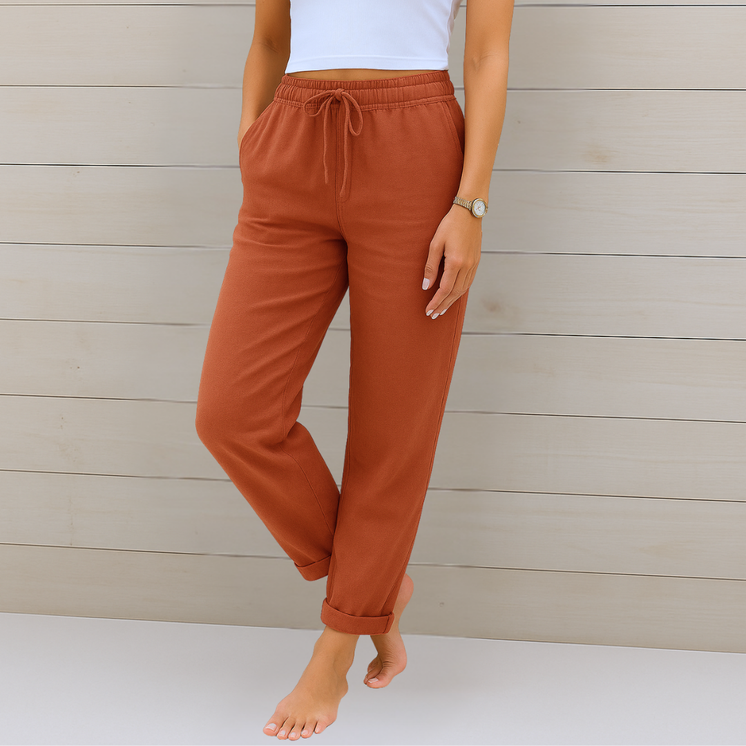 Travel-friendly women's flowy pants with a comfortable elastic waistband for easy, relaxed spring wear.