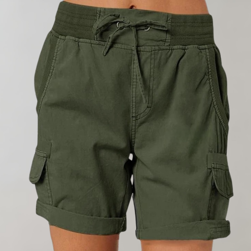 Women's comfortable khaki cargo shorts with elastic waist, perfect for casual summer wear & outdoor activities.
