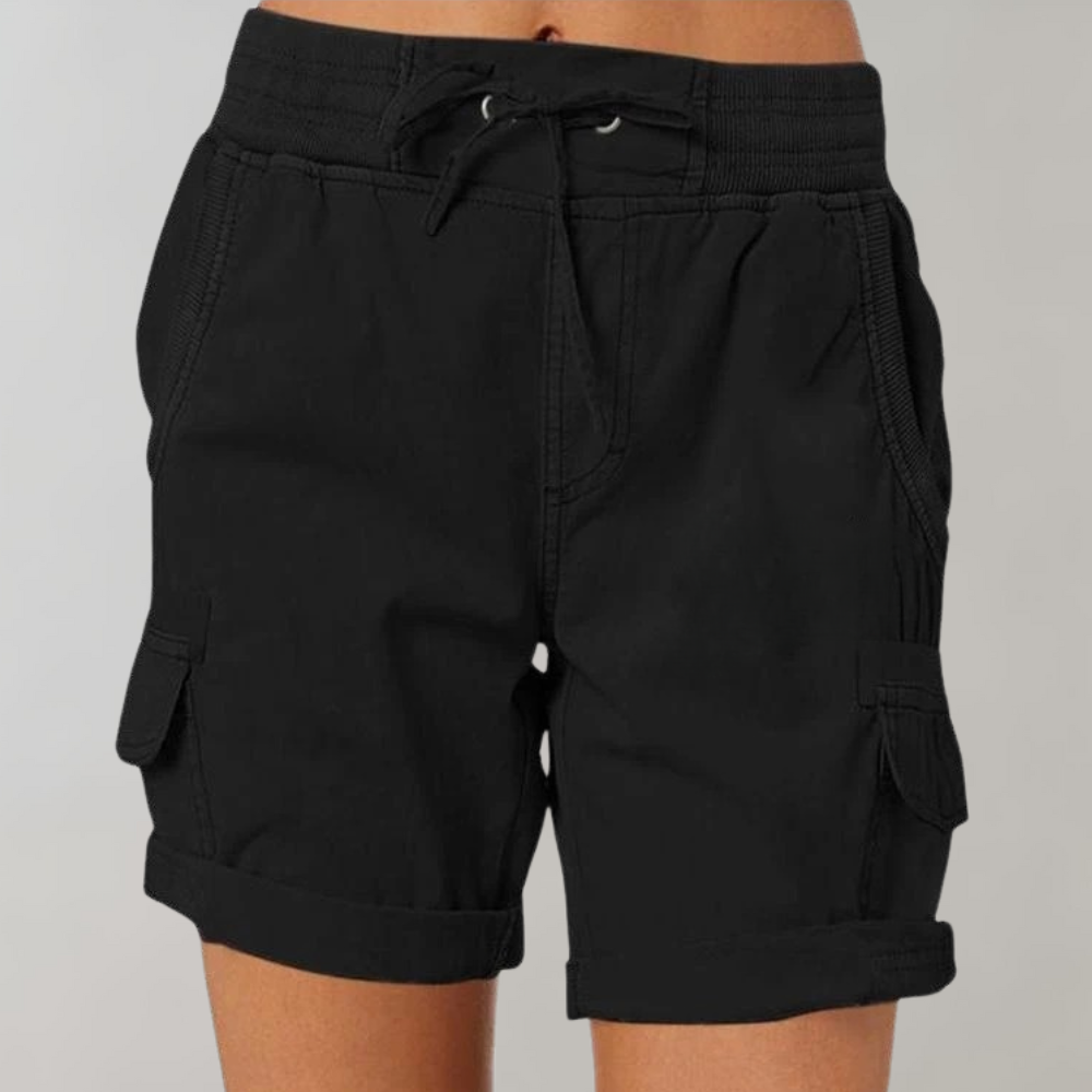 Army green women's cargo shorts, elastic waist, comfortable and stylish for summer outings and active wear.