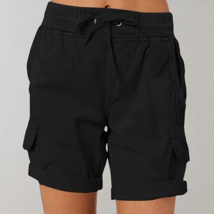 Army green women's cargo shorts, elastic waist, comfortable and stylish for summer outings and active wear.