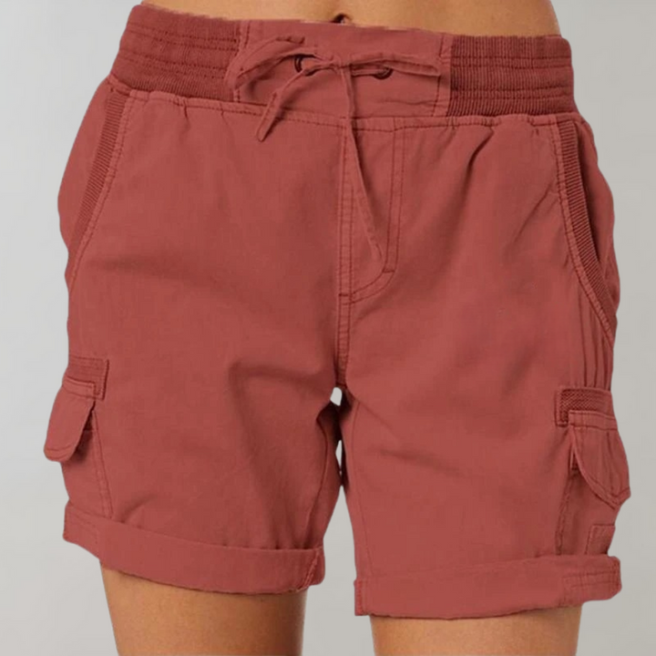 Black women's elastic waist cargo shorts, comfortable and versatile for casual, outdoor, or summer style.
