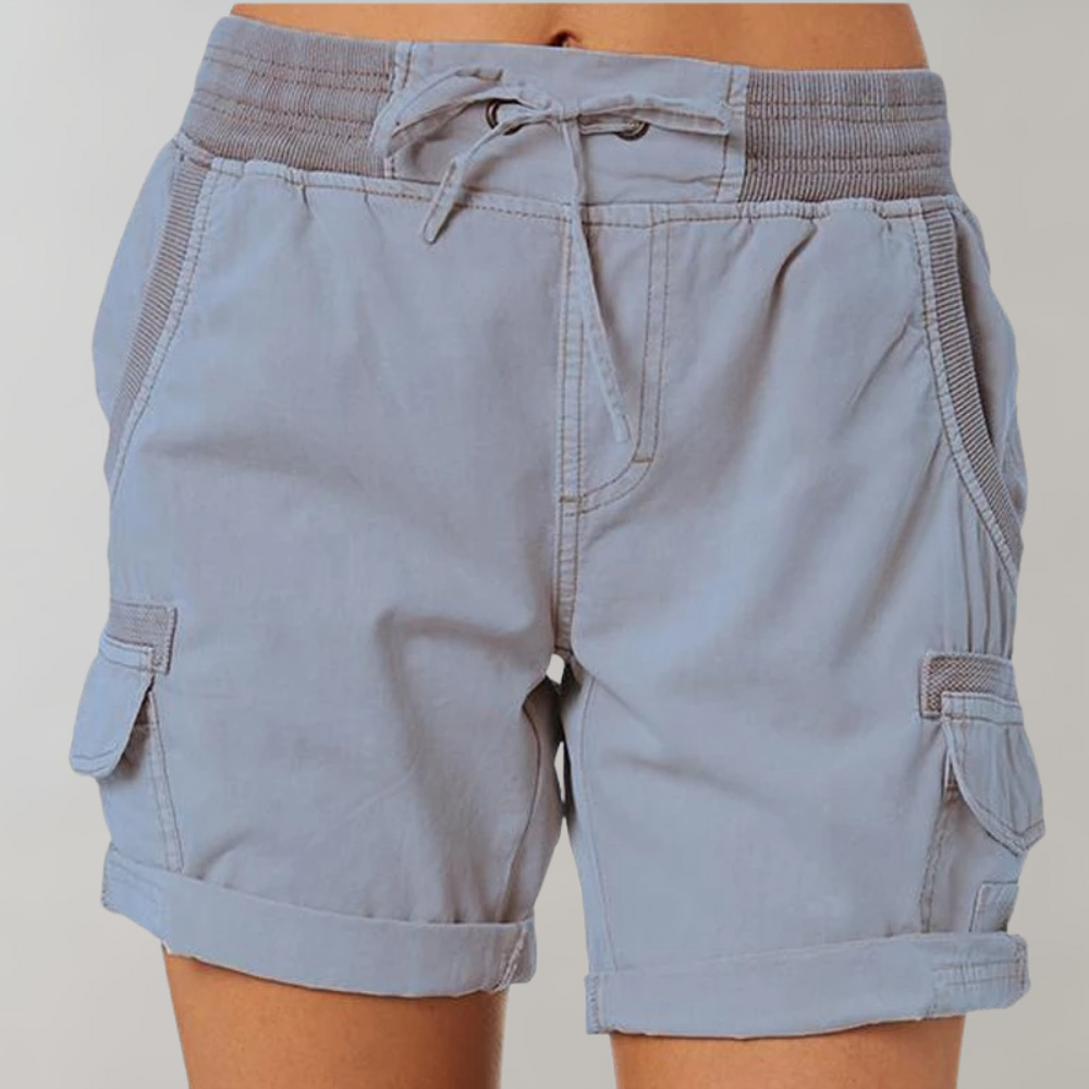 Comfortable gray women's cargo shorts with elastic waist & multi-pockets, ideal for stylish summer adventures.