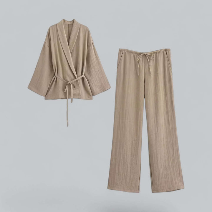Women's comfortable khaki linen blend separates set, perfect for breathable summer style.