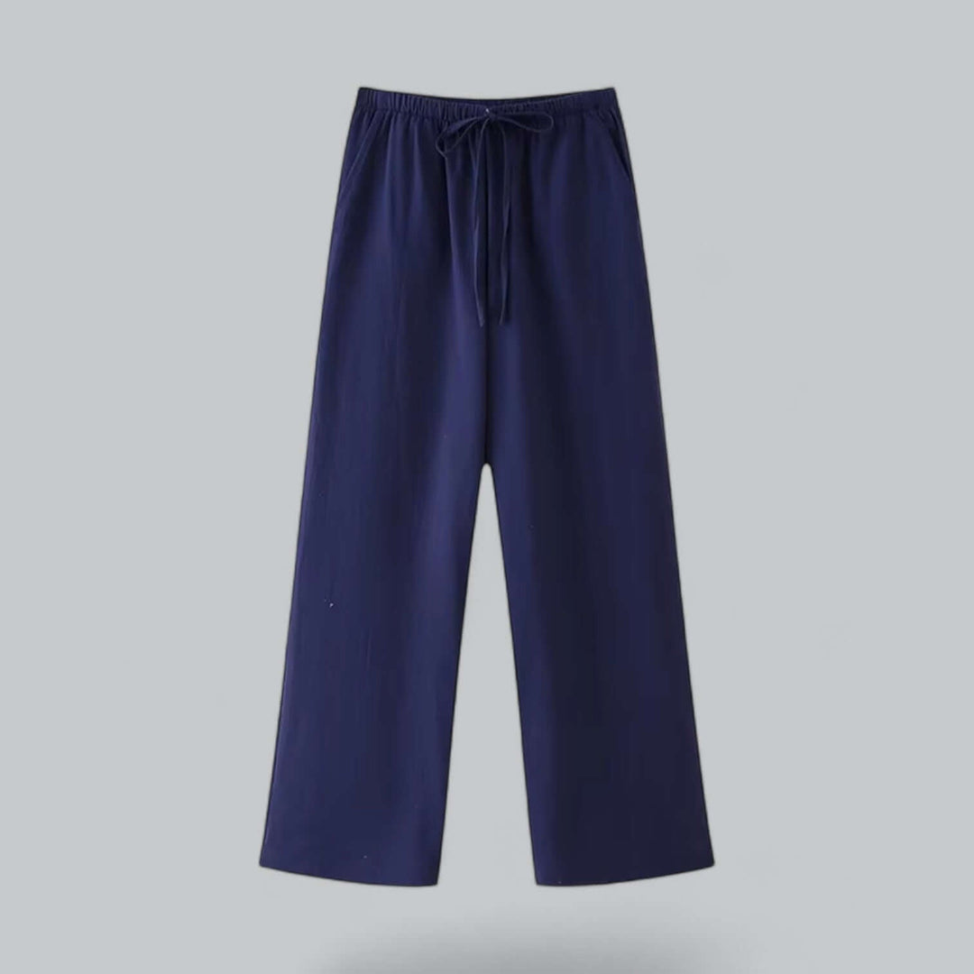 Women's comfortable linen blend top paired with wide-leg trousers, available in khaki, grey, navy.