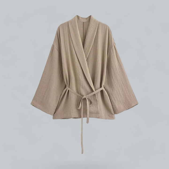 Elegant women's grey linen blend co-ord set with wide-leg trousers, a versatile summer outfit.
