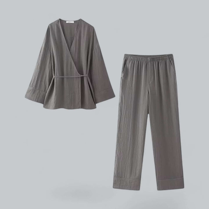 Full shot of women's linen blend co-ord set in khaki, ideal for elegant casual chic summer wear.