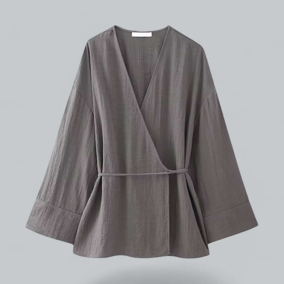 Close-up of the breathable linen blend fabric of the women's comfortable grey separates set.