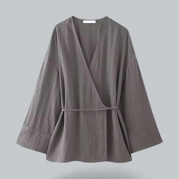 Close-up of the breathable linen blend fabric of the women's comfortable grey separates set.