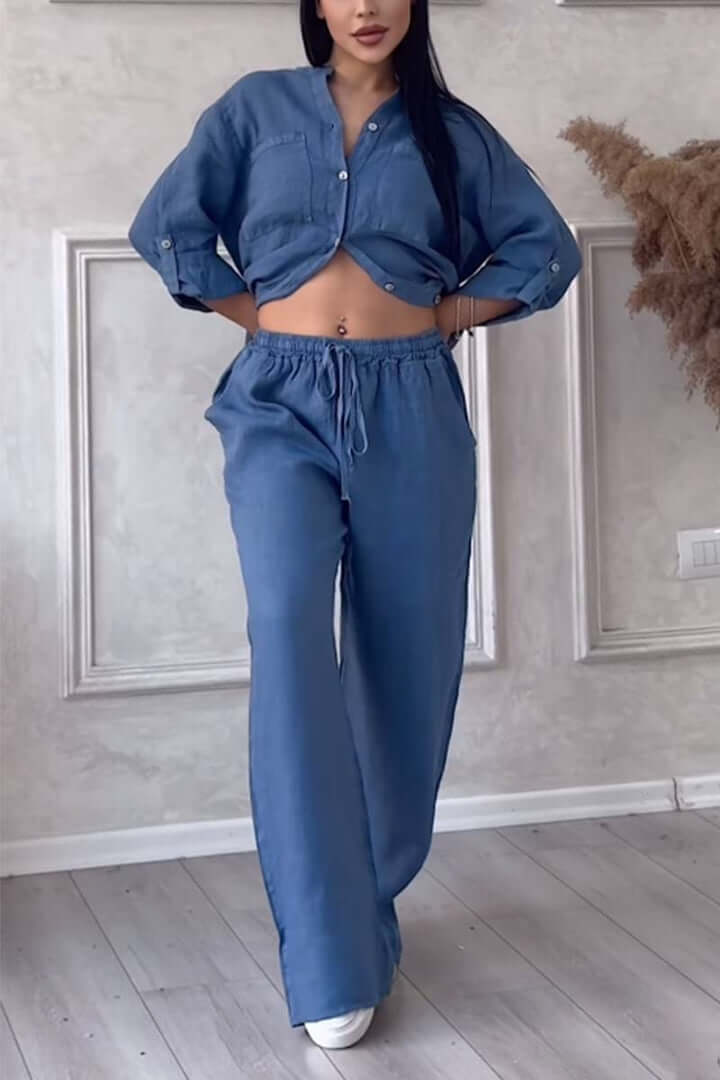 Breathable linen two-piece set for women, ideal for hot summer days & casual resort wear.