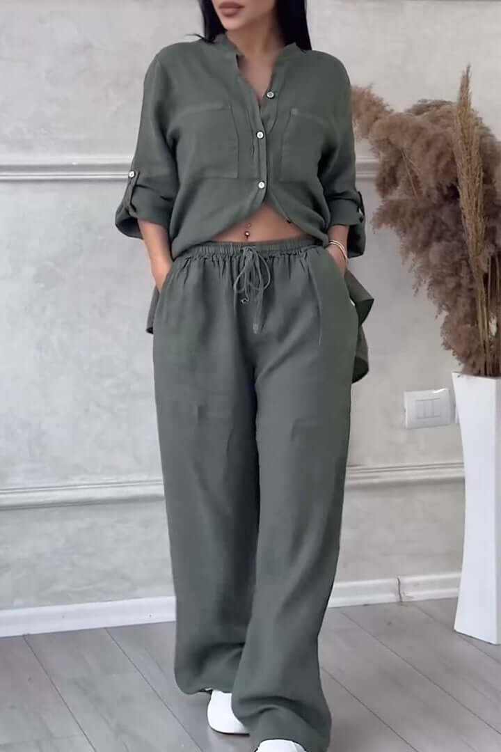 Relaxed fit women's linen two-piece set, great for summer vacations, beach, or casual loungewear.