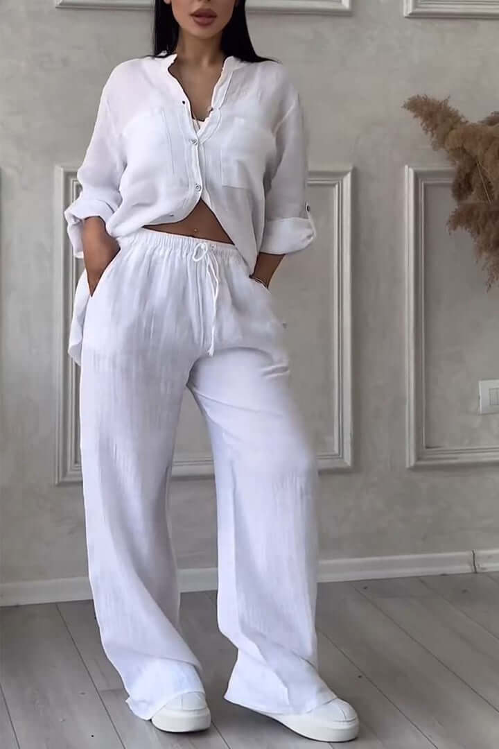 Women's casual linen two-piece set for summer, designed for comfortable movement and relaxed vacation style.