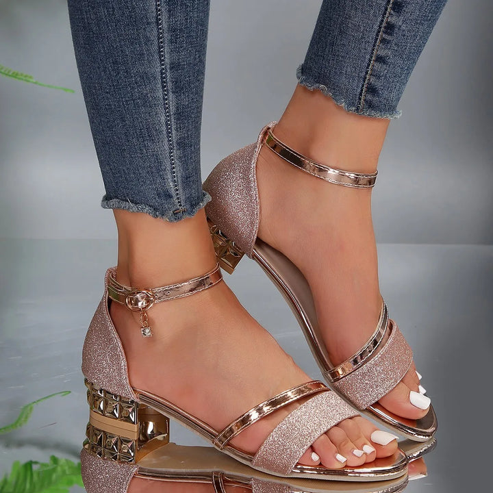 Elegant gold women's orthopedic sandals, ideal for versatile summer wear, featuring foot pain relief & support.