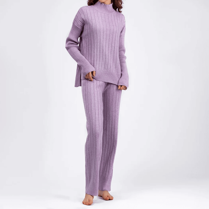 Elegant women's ribbed knit lounge set, a two-piece outfit with a comfortable turtleneck and stylish relaxed trousers.