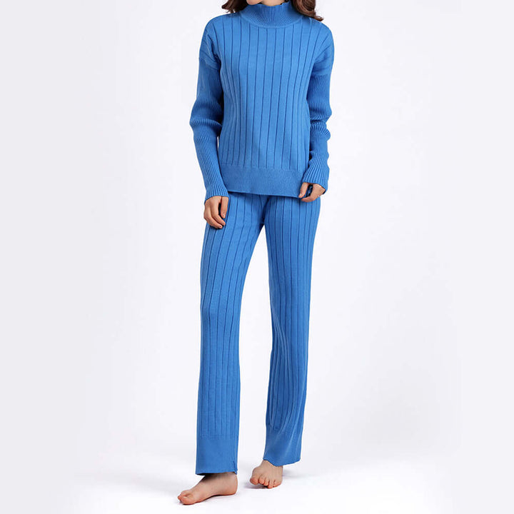 Soft women's ribbed knit two-piece lounge set, offering ultimate comfort and a chic, relaxed fit with turtleneck.