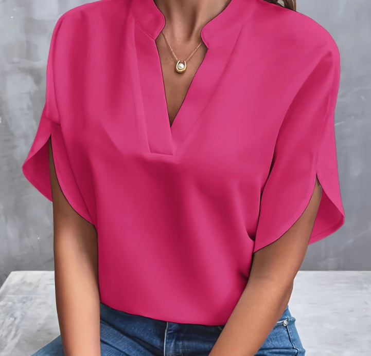 Women's versatile short sleeve top. Comfortable summer blouse, great for workwear or everyday casual style.