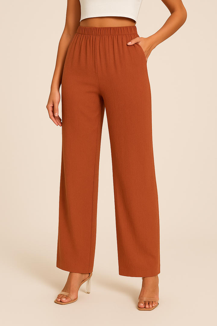 Women's comfortable straight-leg trousers with elastic waist, ideal for casual everyday wear.