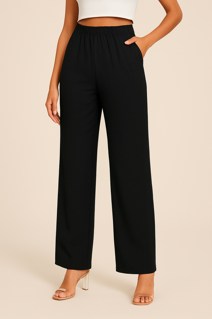 Relaxed fit women's straight-leg cotton linen trousers with elastic waist, shown in brick red.