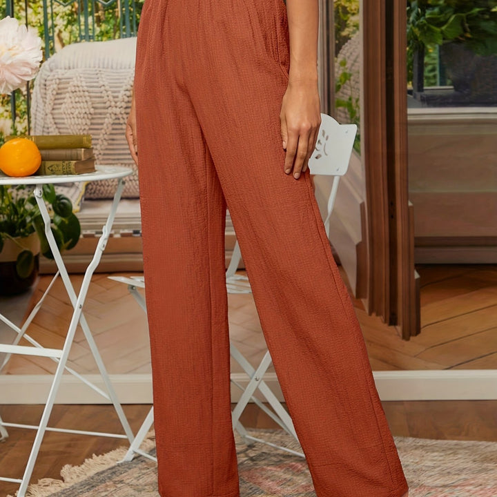 Comfortable cotton linen blend women's straight-leg pants, elastic waist for a relaxed casual fit.