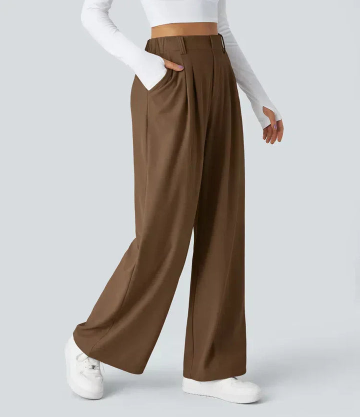Close-up of flexible stretch fabric on women's comfortable trousers. High-quality, soft material for women's pants.